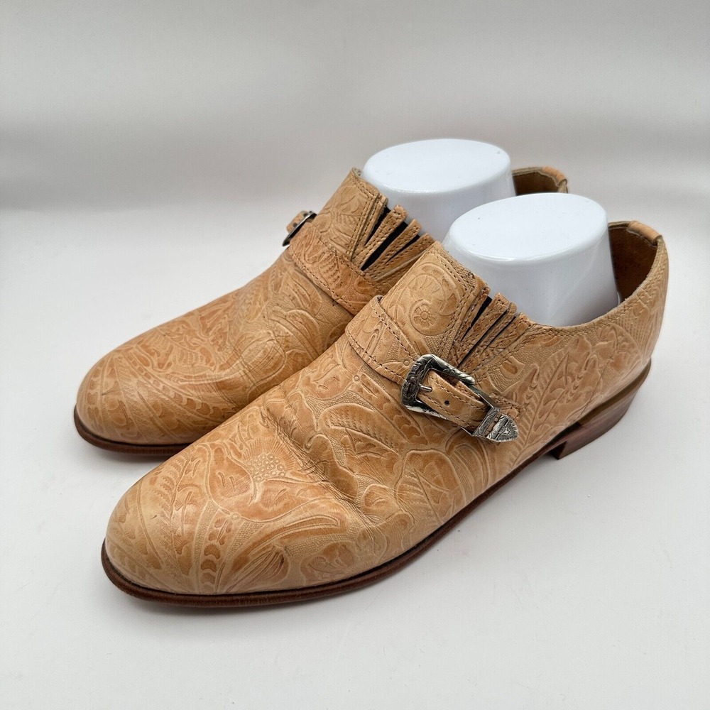 Justin Loafers Shoes Mens Size 8C‎ Narrow Tan Leather Tooled Monk Strap Western